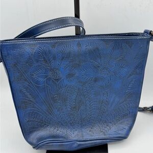 Leaders In Leather Blue Tooled Leather  Cross Body Handbag Western